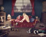  1girl barefoot blonde_hair blue_eyes breasts briefcase clothes_on_floor couch crossed_arms curtains cushion lamp mokoppe original phone rain short_hair sideboob sitting solo stuffed_animal stuffed_toy teddy_bear topless window 