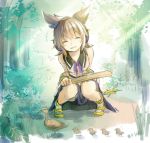  +++ 1girl bare_shoulders bird blush brown_hair closed_eyes duck duckling earmuffs flying_sweatdrops forest makuwauri nature open_mouth ritual_baton shirt sketch sleeveless sleeveless_shirt smile squatting sword touhou toyosatomimi_no_miko weapon 