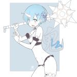  1girl adam700403 blue_eyes blue_hair flail hair_ornament maid morning_star oni_horns pink_ribbon re:zero_kara_hajimeru_isekai_seikatsu rem_(re:zero) ribbon short_hair solo weapon x_hair_ornament 