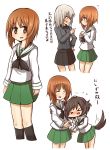  &gt;_&lt; 3girls akiyama_yukari bangs black_legwear blouse blue_eyes blush brown_eyes brown_hair closed_eyes commentary_request dog_tail dress_shirt girls_und_panzer green_skirt grey_shirt highres itsumi_erika kneehighs kumo_(atm) long_sleeves miniskirt multiple_girls neckerchief nishizumi_miho open_mouth pleated_skirt pointing school_uniform serafuku shirt short_hair silver_hair skirt socks sweat tail tail_wagging translation_request white_blouse 