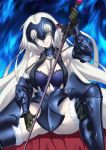  1girl armor armored_dress bare_shoulders black_gloves bnc_(bunshi) boots bra breasts chain cleavage elbow_gloves fate/grand_order fate_(series) gloves greaves headpiece highres holding holding_sword holding_weapon jeanne_alter knee_boots lace lace-trimmed_bra large_breasts long_hair looking_at_viewer pale_skin parted_lips reverse_grip ruler_(fate/apocrypha) shaded_face sitting smile solo spread_legs sword underwear vambraces very_long_hair weapon white_hair 