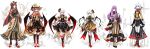  5girls absurdres alternate_costume bandage_over_one_eye bandaged_head bat_wings black_bow bow braid crystal dress flandre_scarlet full_body hair_bow hat head_wings high_heels highres hong_meiling izayoi_sakuya jack-o&#039;-lantern_hair_ornament kneehighs koakuma long_hair looking_at_viewer multiple_girls partially_colored patch patchouli_knowledge purple_hair red_eyes redhead remilia_scarlet scar scar_across_eye short_hair sketch skirt smile standing touhou twin_braids white_hair wings witch_hat yutapon 