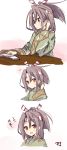 1girl 3koma :d absurdres adjusting_hair amano_kouki artist_name book brown_eyes brown_hair comic commentary_request from_side hachimaki hair_between_eyes hair_flip headband highres japanese_clothes kantai_collection long_hair looking_at_viewer open_mouth ponytail reading remodel_(kantai_collection) smile solo table translated zuihou_(kantai_collection) 