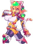  1girl animal_ears ass bodysuit breasts bright_pupils cat_ears cat_tail covered_nipples cropped_legs furrowed_eyebrows helmet large_breasts metata open_mouth orange_hair original red_eyes robot_ears simple_background solo tail twisted_torso white_background 