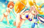  2girls absurdres ahoge animal_ears bikini blush breasts cleavage fate/extra fate/grand_order fate/stay_night fate_(series) fox_ears fox_tail fujimaru_ritsuka_(female) hat highres large_breasts long_hair multiple_girls navel open_mouth orange_hair pink_hair short_hair side_ponytail smile solo swimsuit tail tamamo_(fate)_(all) tamamo_no_mae_(swimsuit_lancer)_(fate) tsumiko96 yellow_eyes 
