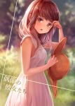 1girl adjusting_hair blurry brown_eyes brown_hair cover cover_page depth_of_field doujin_cover dress eyebrows eyebrows_visible_through_hair hat hat_removed headwear_removed looking_at_viewer nishizawa open_mouth original short_hair sleeveless solo 