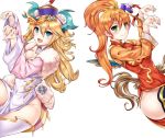  2girls ahoge aqua_eyes blonde_hair blush breasts china_dress chinese_clothes cleavage covered_navel dragon_girl dragon_horns dragon_tail dress fur_trim green_eyes halloween highres horns jiangshi leilan_(p&amp;d) looking_at_viewer multiple_girls ofuda open_mouth orange_hair outstretched_arms puzzle_&amp;_dragons sakuya_(p&amp;d) samoore side_ponytail side_slit smile tail thigh-highs wings zombie_pose 