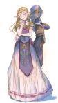 2girls artist_request blonde_hair circlet crossed_arms dress dual_persona elbow_gloves gloves green_eyes light_smile long_dress long_hair looking_at_viewer multiple_girls pointy_ears princess_zelda profile sheik simple_background standing the_legend_of_zelda the_legend_of_zelda:_ocarina_of_time white_background