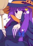  1girl alternate_headwear bat blue_bow bow breasts broom cleavage cloak crescent crescent_hair_ornament dress eichi_yuu hair_ornament hair_ribbon hat high_collar jack-o&#039;-lantern patchouli_knowledge purple_hair red_bow ribbon smile solo striped striped_dress touhou upper_body violet_eyes witch_hat 