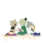  3girls brown_hair closed_eyes dress earmuffs flower green_dress green_hair hat head_wreath long_sleeves mononobe_no_futo multiple_girls no_mouth no_nose open_mouth pointy_hair sisikuku sitting soga_no_tojiko tate_eboshi touhou toyosatomimi_no_miko watering_can 