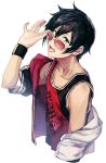  1boy adjusting_glasses black_hair earrings glasses green_eyes hood hoodie idolmaster idolmaster_side-m iseya_shiki jewelry looking_at_viewer male_focus off_shoulder simple_background solo sunglasses tank_top tongue tongue_out upper_body white-framed_eyewear white_background wristband 
