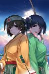  2girls absurdres aircraft airplane arrow back-to-back blue_hair blue_hakama blue_sky breasts brown_hair clouds frown green_hakama green_kimono hair_ribbon hakama_skirt headband highres hiryuu_(kantai_collection) japanese_clothes kantai_collection large_breasts long_sleeves multiple_girls one_side_up open_mouth pleated_skirt quiver remodel_(kantai_collection) ribbon short_hair side_ponytail skirt sky souryuu_(kantai_collection) sunlight twintails wide_sleeves worst_(am-worst) yellow_kimono yugake 