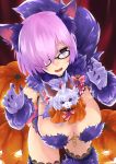 1girl :d alternate_costume animal_ears black-framed_eyewear black_nails breasts character_request cowboy_shot elbow_gloves fangs fate/grand_order fate_(series) fingernails fur_trim gloves hair_over_one_eye halloween highres jack-o&#039;-lantern lace lace-trimmed_thighhighs large_breasts lavender_eyes lavender_hair leaning_forward long_fingernails looking_at_viewer nail_polish nuqura open_mouth purple_gloves purple_legwear shielder_(fate/grand_order) short_hair smile thigh-highs wolf_ears 