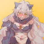  1girl alternate_costume animal_ears blush breasts cleavage elbow_gloves embarrassed fate/grand_order fate_(series) gloves grey_hair greyscale jeanne_alter long_hair monochrome navel ruler_(fate/apocrypha) simple_background solo tears very_long_hair wonakira yellow_background yellow_eyes 