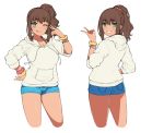  1girl :p absurdres brown_hair dark_skin green_eyes grin hai_ookami heart heart-shaped_pupils highres hood hoodie long_hair one_eye_closed ponytail simple_background smile solo symbol-shaped_pupils thighs tongue tongue_out white_background 