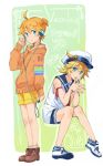  2boys bare_shoulders blonde_hair blue_eyes boots character_name copyright_name fingers_together full_body green_background hand_on_headphones hands_together hat headphones hood hoodie kagamine_len looking_at_viewer male_focus multiple_boys oliver_(vocaloid) ponytail ribbon sagami_hako sailor sailor_hat shoes shorts sneakers vocaloid 