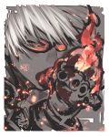  1boy clenched_hand dark_skin fire gloves k&#039; looking_at_viewer male_focus monochrome oro_(sumakaita) short_hair solo spot_color sunglasses the_king_of_fighters the_king_of_fighters_xiv white_hair 