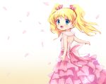  1girl absurdres alice_cartelet blonde_hair blue_eyes cherry_blossoms dress from_behind highres kin-iro_mosaic looking_back open_mouth outstretched_arms petals pink_dress smile solo twintails 