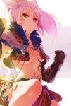  1girl animal_ears backlighting bow breasts cat_ears cleavage commentary crop_top facial_mark final_fantasy final_fantasy_xiv gloves hair_bow heterochromia jumping light_particles lili_mdoki long_hair looking_at_viewer midriff miqo&#039;te navel pink_eyes pink_hair ponytail simple_background smile solo tattoo tattooed_breast under_boob vambraces yellow_eyes 