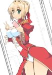  1girl blonde_hair blush braid breasts cellphone cleavage contrapposto dutch_angle epaulettes fate/extra fate_(series) green_eyes hair_intakes holding holding_phone momio panties phone puffy_sleeves saber_extra self_shot shiny shiny_skin smartphone solo underwear v wide_sleeves 
