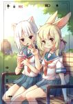  2girls :&lt; :3 animal_ears bench blonde_hair breasts brown_eyes cat_ears dianche_miao_(18826) drinking highres long_hair multiple_girls original outdoors rabbit_ears ribbon school_uniform serafuku shirt short_hair silver_hair sitting skirt small_breasts smile straw tail twintails v viewfinder 