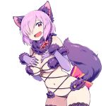  1girl :d animal_ears blush breasts chan_co cleavage elbow_gloves fang fate/grand_order fate_(series) fur_trim gloves hair_over_one_eye halloween_costume large_breasts looking_at_viewer navel open_mouth purple_hair shielder_(fate/grand_order) short_hair simple_background smile solo tail thigh-highs violet_eyes white_background wolf_ears wolf_tail 