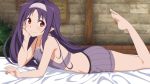  1girl arm_support bare_shoulders barefoot bed_sheet breasts collarbone hairband indoors long_hair looking_at_viewer lying on_stomach pink_hairband pointy_ears purple_hair red_eyes sideboob small_breasts smile solo sword_art_online the_pose underwear underwear_only yuuki_(sao) 