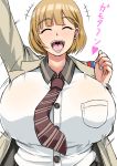  1girl :d ^_^ arm_up blonde_hair bouncing_breasts breasts closed_eyes eyebrows eyebrows_visible_through_hair heart huge_breasts narusawa_ryouka necktie nekuraneko occultic;nine open_mouth short_hair simple_background smile solo translation_request white_background 