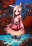  1girl animal_ears autumn autumn_leaves bare_shoulders detached_sleeves dress dress_lift elin_(tera) highres leaf long_hair pink_dress pink_eyes rabbit_ears silver_hair smile solo strapless strapless_dress tera_online thigh-highs tree wading water white_legwear 