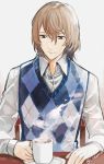  1boy akechi_gorou argyle brown_eyes brown_hair coffee_cup cup grey_background hair_between_eyes highres looking_down looking_to_the_side male_focus obo persona persona_5 saucer simple_background solo sweater_vest table twitter_username upper_body 