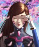  1girl bangs blue_sky bodysuit bracer brown_hair bunny_print cherry_blossoms closed_eyes d.va_(overwatch) eyelashes facepaint facial_mark gloves hand_to_head hand_up high_collar lipstick long_hair long_sleeves makeup moetora nose overwatch pauldrons petals pilot_suit pink_lips pink_lipstick ribbed_bodysuit shoulder_pads sky smile solo swept_bangs teeth turtleneck upper_body whisker_markings white_gloves 