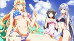  3girls american_flag_bikini arms_behind_back bikini black_hair blonde_hair blue_bikini blue_eyes braid breasts chidorigafuchi_aine cleavage clenched_teeth collarbone end_card eyebrows eyebrows_visible_through_hair flag_print food grey_eyes groin hair_between_eyes hair_ribbon hands_together highres himekawa_hayuru holding ice_cream large_breasts long_hair masou_gakuen_hxh medium_breasts multiple_girls navel outdoors pink_eyes red_ribbon ribbon shiny shiny_skin side-tie_bikini silver_hair sky smile star star_print striped striped_bikini swimsuit teeth under_boob yurishia_farandole 