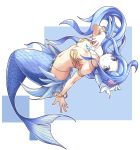  1girl armlet bangle beanpaste blue blue_eyes blue_hair bracelet breasts cleavage closed_mouth colored_eyelashes eyebrows eyebrows_visible_through_hair full_body hair_ornament head_fins highres jewelry long_hair medium_breasts mermaid monster_girl navel original outstretched_arm shell_necklace smile solo very_long_hair white_background 
