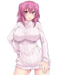  &gt;:o 1girl :o blush borrowed_character breasts cowboy_shot dress grey_eyes half_updo hand_on_hip hasu_(hk_works) large_breasts long_hair long_sleeves looking_at_viewer open_mouth original pink_hair ribbed_sweater short_dress sidelocks solo sweater sweater_dress white_background 