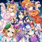  5girls blonde_hair blue_eyes blush bow braid breasts china_dress chinese_clothes claw_(weapon) cleavage double_bun dragon_girl dragon_horns dress fur_trim green_eyes hair_between_eyes hair_bow hair_ornament haku_(p&amp;d) halloween hat head_fins highres horns jiangshi karin_(p&amp;d) leilan_(p&amp;d) long_hair meimei_(p&amp;d) multicolored_hair multiple_girls off_shoulder ofuda open_mouth orange_hair outstretched_arms purple_hair puzzle_&amp;_dragons sakuya_(p&amp;d) samoore shaded_face side_ponytail smile spiked_knuckles turtle_shell twin_braids two-tone_hair weapon wings zombie_pose 