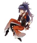  1girl black_legwear blue_hair bow breastplate dated fire_emblem fire_emblem_if full_body hairband hand_on_hip hand_to_own_mouth japanese_clothes kmkr long_hair looking_at_viewer oboro_(fire_emblem_if) orange_eyes pantyhose ponytail smile solo 