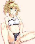  1girl belt blue_eyes breasts cutoffs fate/apocrypha fate/grand_order fate_(series) feet groin highres looking_at_viewer medium_breasts nagamon navel pink_background ponytail saber_of_red soles solo 