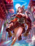  1girl architecture bare_shoulders blue_sky breasts cleavage copyright_name east_asian_architecture full_moon hair_ornament hair_stick hys122211 japanese_clothes lantern luck_&amp;_logic moon official_art oni_horns original paper_lantern pipe pointy_ears sky smile smoking solo walking watermark wide_sleeves 