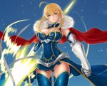 1girl ahoge artoria_pendragon_lancer_(fate/grand_order) blonde_hair blue_legwear breasts cape cleavage fate/grand_order fate_(series) fur_trim gauntlets greaves green_eyes holding holding_weapon looking_at_viewer mhg_(hellma) saber solo type-moon weapon 