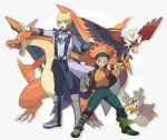  2boys belt bird blonde_hair boots braviary charizard clenched_hand coattails crossover crow_hogan facial_hair facial_tattoo fangs farfetch&#039;d fingerless_gloves gloves jack_atlas jewelry male_focus multiple_boys necklace open_clothes open_mouth open_vest orange_hair outstretched_arm parody pokemon pokemon_(creature) spring_onion style_parody sweatband tattoo torinomaruyaki vest yuu-gi-ou yuu-gi-ou_5d&#039;s 