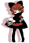  1girl black_bow bow cape colored_shadow covered_mouth hair_bow high_collar holding long_sleeves no_nose red_eyes redhead sekibanki shadow short_hair skull solo touhou yt_(wai-tei) 