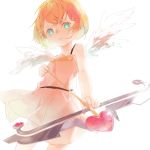  1girl aloin.g angel_wings blonde_hair bow_(weapon) cupid dress green_eyes heart looking_at_viewer original pink_dress short_hair tagme weapon white_background wings 