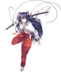  1girl animal_ears artist_request black_hair bridal_gauntlets character_request full_body fur highres holding holding_sword holding_weapon jewelry long_hair navel necklace official_art red_eyes ribbon sandals simple_background solo sword tabi tail weapon white_background youkai_hyakki-tan! 