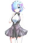  1girl alternate_costume blue_eyes blue_hair contemporary hair_ornament hair_over_one_eye re:zero_kara_hajimeru_isekai_seikatsu rem_(re:zero) short_hair smile solo uonuma_yuu 