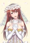  1girl blush breasts bridal_gauntlets bride brown_eyes brown_hair detached_collar hands_clasped large_breasts parted_lips ryo_(sora-ryu) solo veil 
