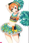  1girl absurdres arm_up armpits artist_request cheerleader crop_top elbow_gloves frills gloves green_eyes headset highres hoshizora_rin looking_at_viewer love_live! love_live!_school_idol_project midriff orange_hair pom_poms ribbon roller_skates scan shirt short_hair simple_background skates skirt sleeveless sleeveless_shirt smile solo star takaramonozu white_background 