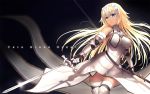  1girl armor armored_dress bare_shoulders blonde_hair breasts bu_li chain copyright_name elbow_gloves fate/grand_order fate_(series) gauntlets glint gloves greaves headpiece highres holding holding_sword holding_weapon long_hair looking_away medium_breasts parted_lips ruler_(fate/apocrypha) solo sword thigh-highs weapon white_legwear 