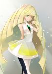  1girl bare_shoulders blonde_hair dress green_eyes highres lusamine_(pokemon) nekomissile pokemon pokemon_(game) pokemon_sm 
