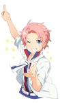  1boy ;) arm_up belt blue_eyes cowboy_shot fang grin idol idolmaster idolmaster_side-m index_finger_raised kabuto_daigo looking_at_viewer male_focus one_eye_closed outstretched_hand pink_hair popped_collar sagami_hako shirt_tucked_in smile sparkle white_background 