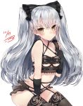  1girl amatsukaze_(kantai_collection) bangs bare_shoulders black_bra black_gloves black_panties blush bra breasts brown_eyes cleavage commentary_request dated frills garter_belt garter_straps gloves hair_ribbon highres kantai_collection kou_mashiro lace lace-trimmed_thighhighs long_hair looking_at_viewer navel panties ribbon silver_hair simple_background solo thigh-highs two_side_up underwear very_long_hair white_background 